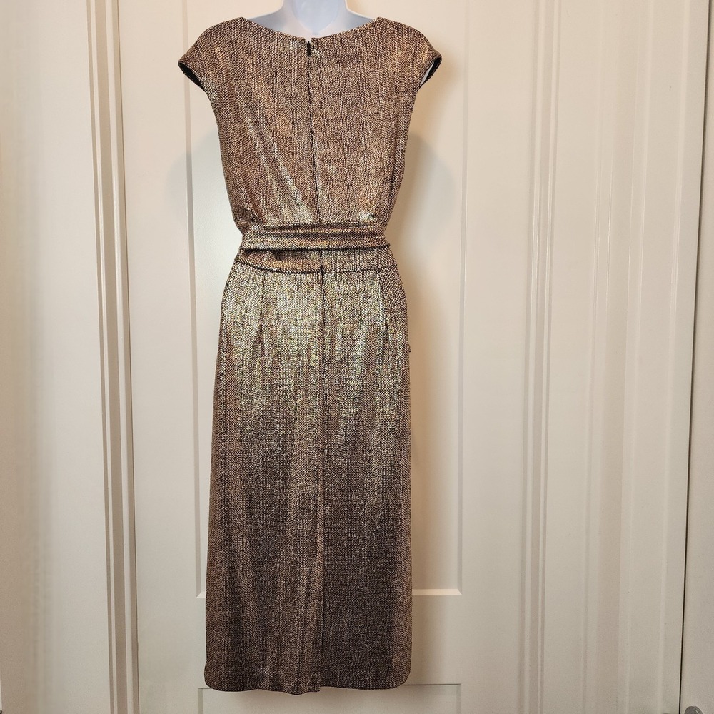 Tahari Metallic Bronze Faux Wrap Dress 8 Cap Sleeve Cocktail Quiet Luxury Glam - Picture 4 of 16